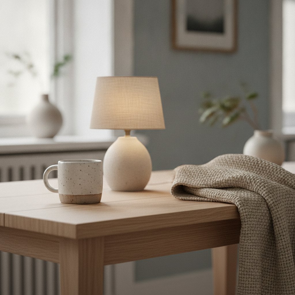 Mesa de madera con una taza de gres, una lámpara de lino encendida y una manta de lana doblada